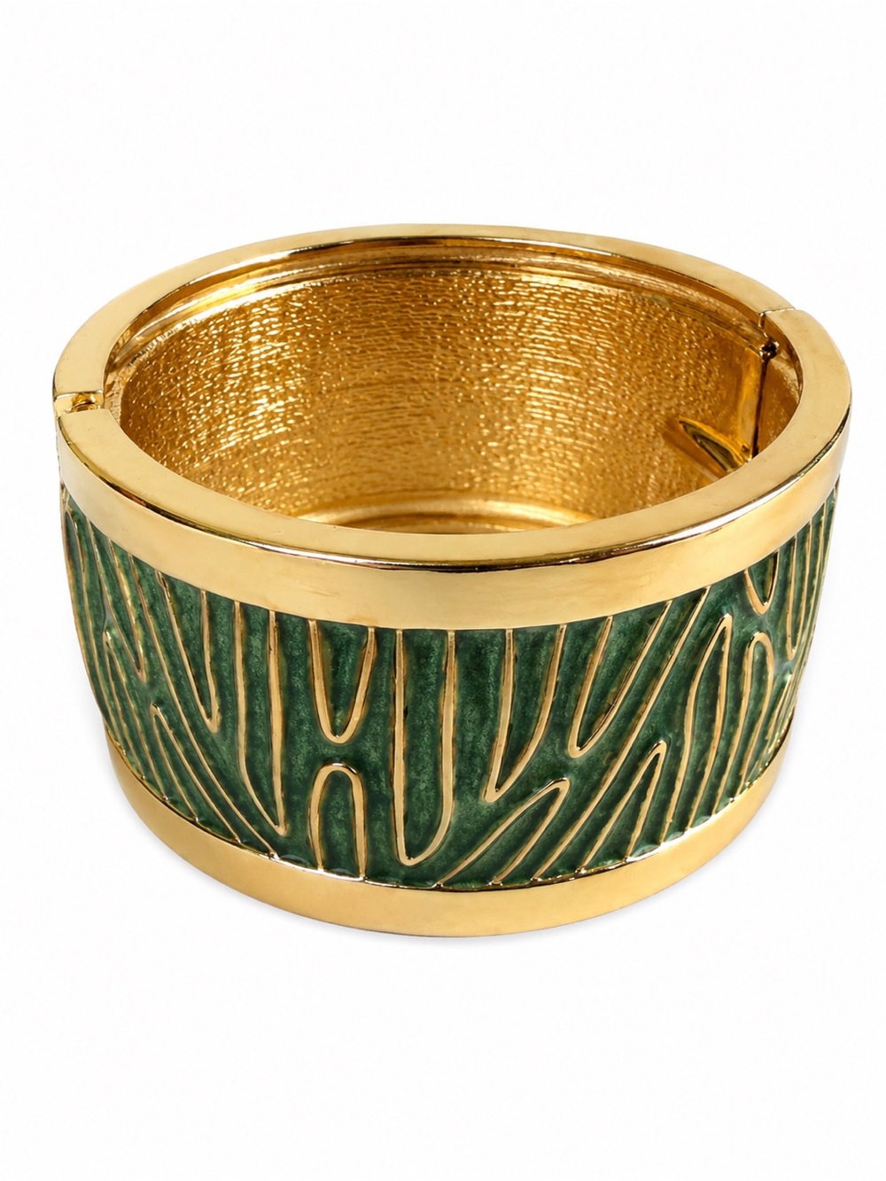 New Gold Tone Green Enamel Wide Hinged Cuff Bangle Bracelet